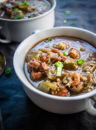 louisiana seafood gumbo with okra seafood and sausage in roux in a bowl