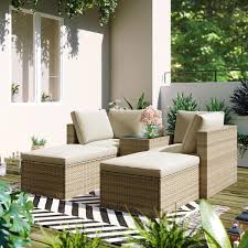 Tunearary Brown 5 Piece Wicker Rattan Outdoor Sectional Sofa Set With Beige Cushion