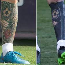 The number 10 and a child's hand were previously visible on messi's left leg during a training maybe he just came back from a painful session with the crew at tattoo nightmares after covering up a previous design on his leg Lionel Messi Shows Off Extreme Black Ink Work On His Magical Left Leg At Argentina Training Mirror Online