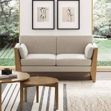 Nathan James Zion 2 Seater Modern Farmhouse Sofa With Linen Upholstery And Solid Wood Arms Sand Light Brown