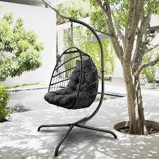 Metal Patio Swing Folding Basket Hanging Chair In Black With Cushion