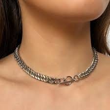 steel curb chain choker silver necklace
