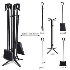 5 Pieces Fireplace Iron Standing Tools Set With Heavy Crook Handles