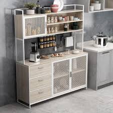 fufu a 59 in w kitchen beige wood buffet sideboard pantry cabinet for dining room with metal mesh doors 3 drawers shelves