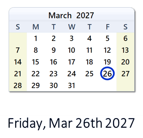 March 26, 2027 Calendar with Holidays & Count Down - USA