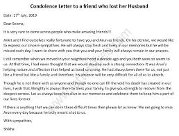 Condolence Letter To A Friend Who Lost Her Husband