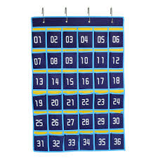 Hanlinggg 36 Pockets Numbered Classroom Pocket Chart For Cell Phones Calculator Holders Hanging Organizer With 4 Metal Hooks Blue