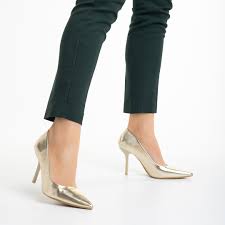 Pantofi dama aurii din piele ecologica cu toc Leya - Kalapod