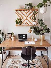 a boho home office nook with an