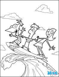 Phinéas, ferb and candace on a surfboard coloring pages - Hellokids.com