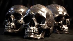 three silver skulls on a dark
