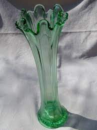 Green Glass Flower Vase Vintage Fluted