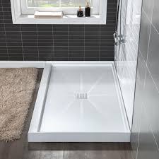 woodbridge krasik 48 in l x 32 in w alcove solid surface shower pan base with center drain in white with chrome cover white with chrome drain cover