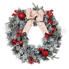 Details About 24 Inch Christmas Flocked Pine Wreath With Berries Ornaments Pine Cones Ribbon