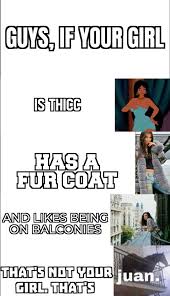 At memesmonkey.com find thousands of memes categorized into thousands of categories. If Your Girl Meme Is Thicc Has A Fur Coat And Likes Being On Balconies Thats Juan Comics And Memes