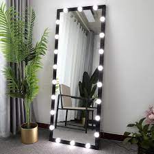 24 in w x 63 in h modern rectangle aluminum framed black floor mirror with led light bulbs