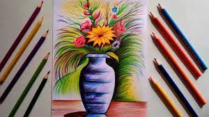 flower vase drawing with pencil colour
