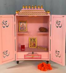 pink mdf sheesham wooden pooja cabinet