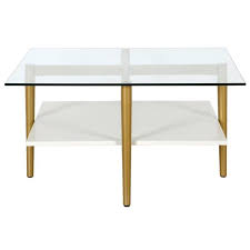 Otto 32 Wide Square Coffee Table With White Lacquer Shelf In Brass
