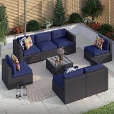 8 Piece Wicker Patio Conversation Set With Blue Cushions