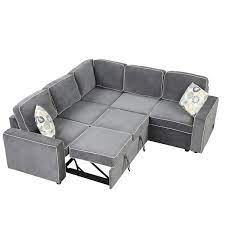 83 In L Shaped Modern Linen Sectional Sofa Convertible Sleeper Sofa In Gray With Usb Ports Power Sockets And 3 Pillows