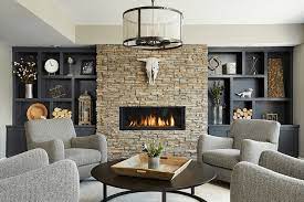 Linear Fireplace With Stone Surround