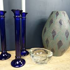 3 very tall navy blue glass candle