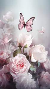 a pink erfly and pink roses with a