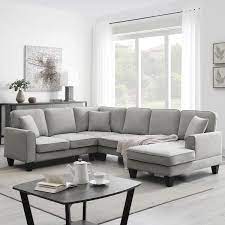 108 In Flared Arm 4 Piece U Shaped Linen Modern Sectional Sofa With 3 Pillows In Gray