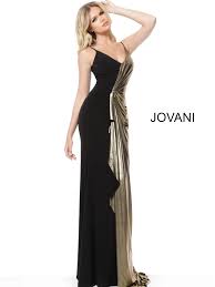 Jovani 1700 Black Gold Ruched Spaghetti Straps Evening Dress