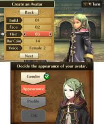 3ds/ds titles with character creation/customization by character creation, i'm not talking about games where you pick a sprite and name it, but to singleplayer games featuring character creation, allowing you to customize the physical appearance of your character(s). Avatar Fire Emblem Wiki