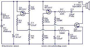 Circuit or schematic diagrams consist of symbols representing physical components and lines representing wires or electrical conductors. Electronic Siren Circuit