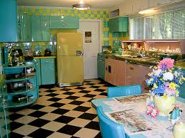 blue and yellow retro kitchen