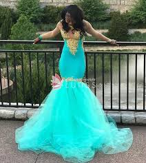Splendid Gold Appliqued Tiffany Blue Tulle Mermaid Prom