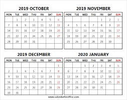 Download Four Month Calendar October To January 2020
