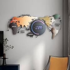 Modern Large Multifunctional World Map Wall Clock Decor With Led Digital Display Screen