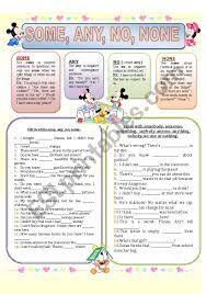 SOME, ANY, NO, NONE (explanations and exercises) - ESL worksheet by patty39