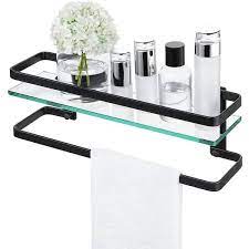 Acehoom 16 In W X 5 In D X 5 In H Wall Mount Glass Floating Shelf With Towel Bar Black
