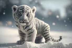 cute white baby tiger playing in winter