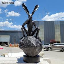 Large Bronze Rabbit Statue Thinker On A