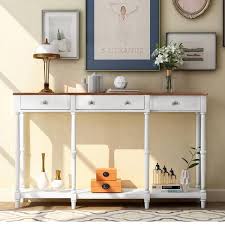 Godeer 58 07 In White Rectangle Wood Classic Entryway Table With Storage Shelf And Drawer For Home