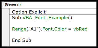 excel vba font color size type and