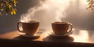two cups of coffee with rising steam