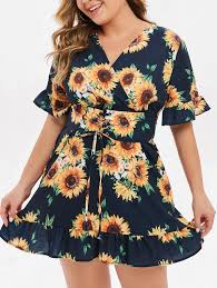 Plus Size Sunflower Print Lace Up Mini Dress
