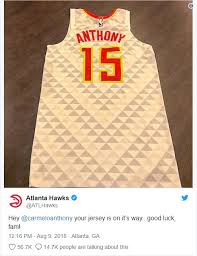 Atlanta hawks city jersey edition 2018. Carmelo Anthony Asks For A Free Atlanta Hawks Jersey Bent Corner