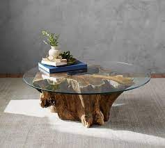 brown driftwood base glass coffee table