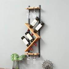 Modern Wall Mounted Wood Wine Rack 4 Bottle 4 Wine Glass Rack Stemware Holder Rack