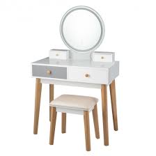 Vanity Set With Lighted Mirror Adjustable Brightness 3 Color Temperatures Touch Screen Dimming Mirror Makeup Dressing Table With 4 Drawers Jewelry Organizer And Cushioned Stool