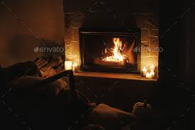Cozy Burning Fireplace And Candles In