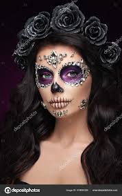 portrait woman sugar skull makeup red